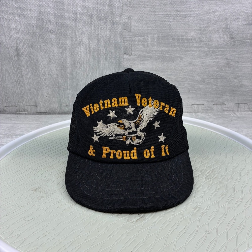 Vintage Vietnam Veteran Hat Cap Snapback Trucker Black Yellow Eagle AR
